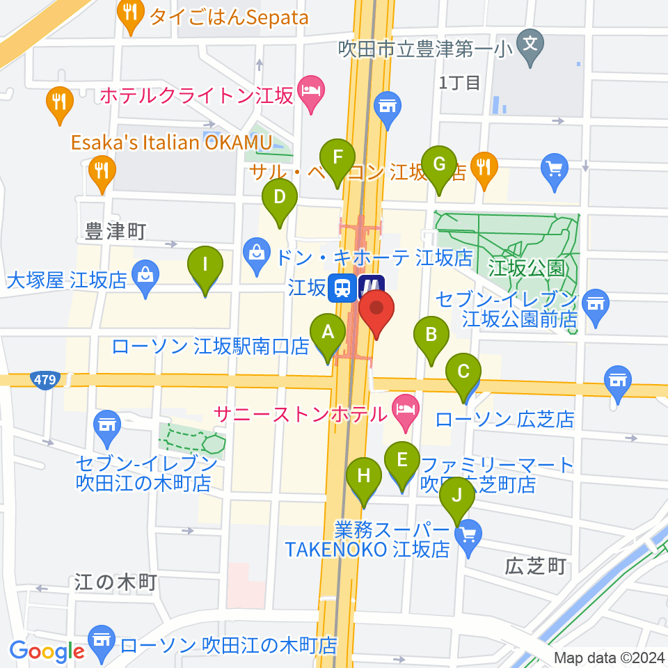 ドルフィンギターズ大阪江坂店周辺のコンビニエンスストア一覧地図