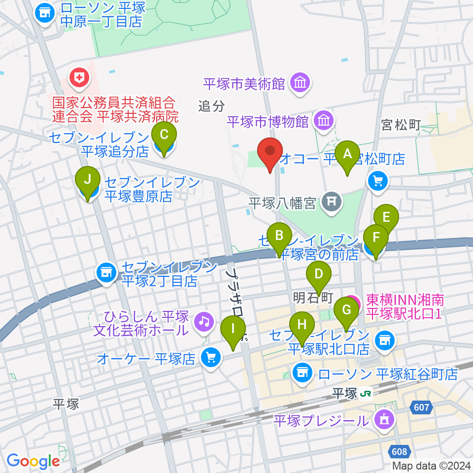 平塚市中央公民館周辺のコンビニエンスストア一覧地図