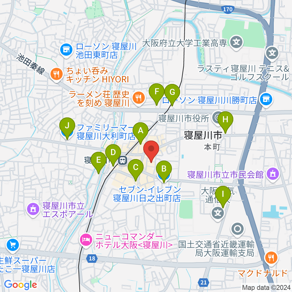 寝屋川アルカスホール周辺のコンビニエンスストア一覧地図