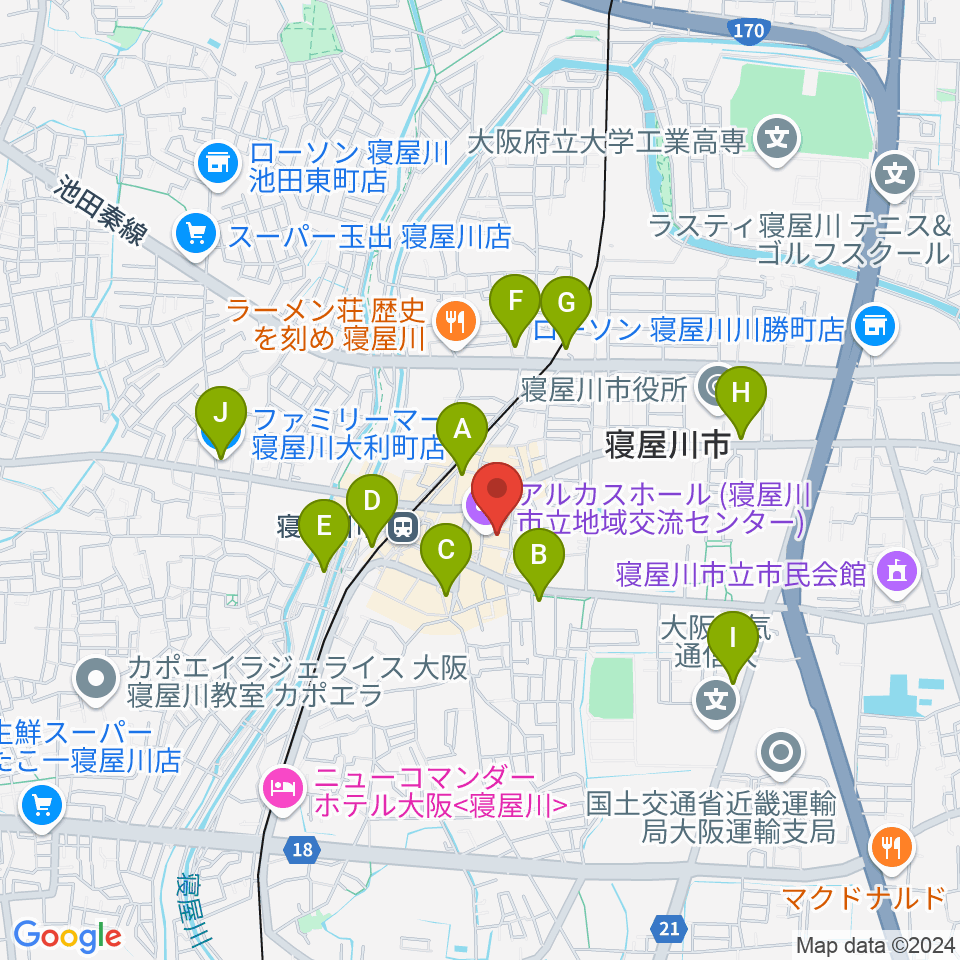 寝屋川アルカスホール周辺のコンビニエンスストア一覧地図