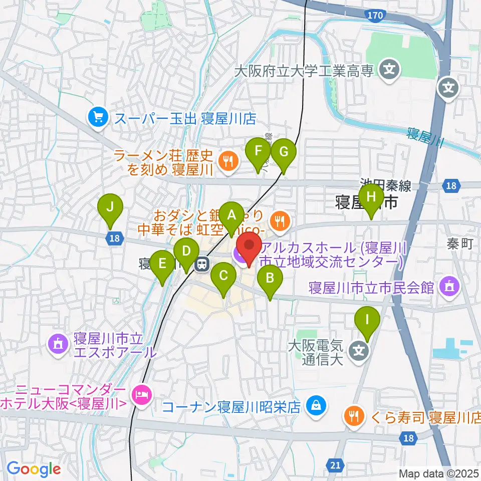 寝屋川アルカスホール周辺のコンビニエンスストア一覧地図