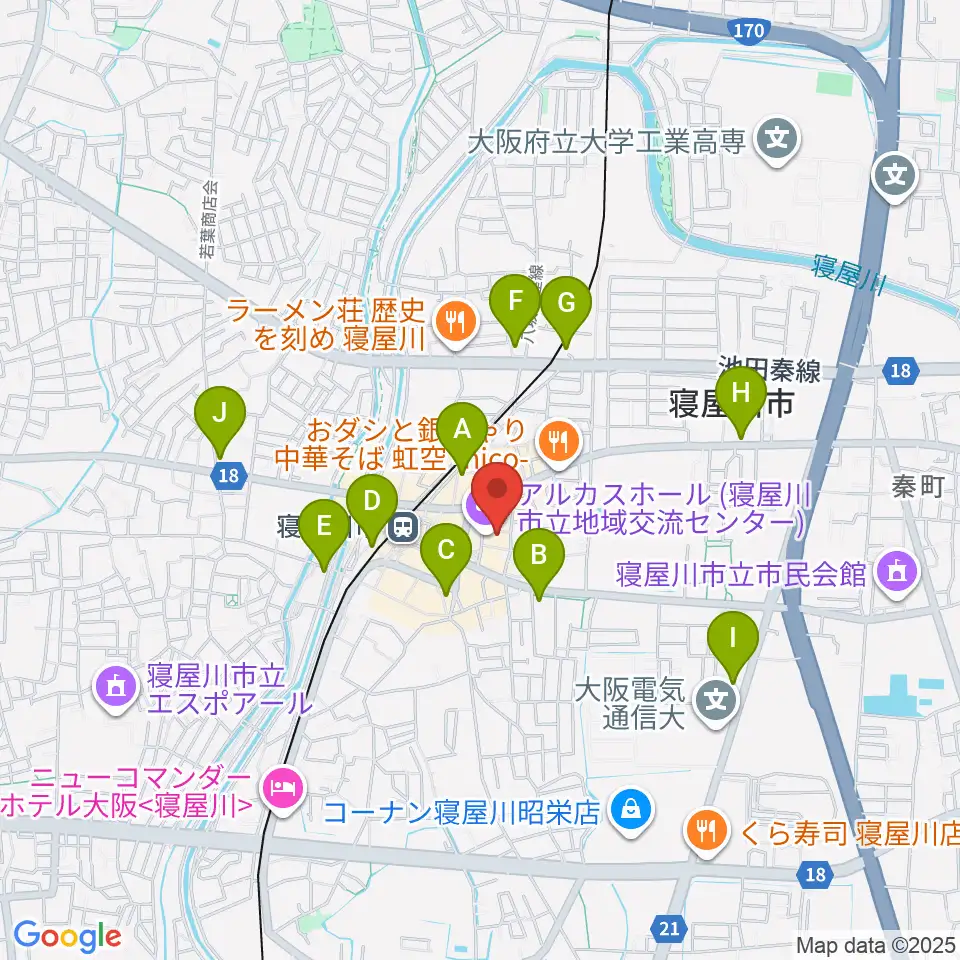 寝屋川アルカスホール周辺のコンビニエンスストア一覧地図
