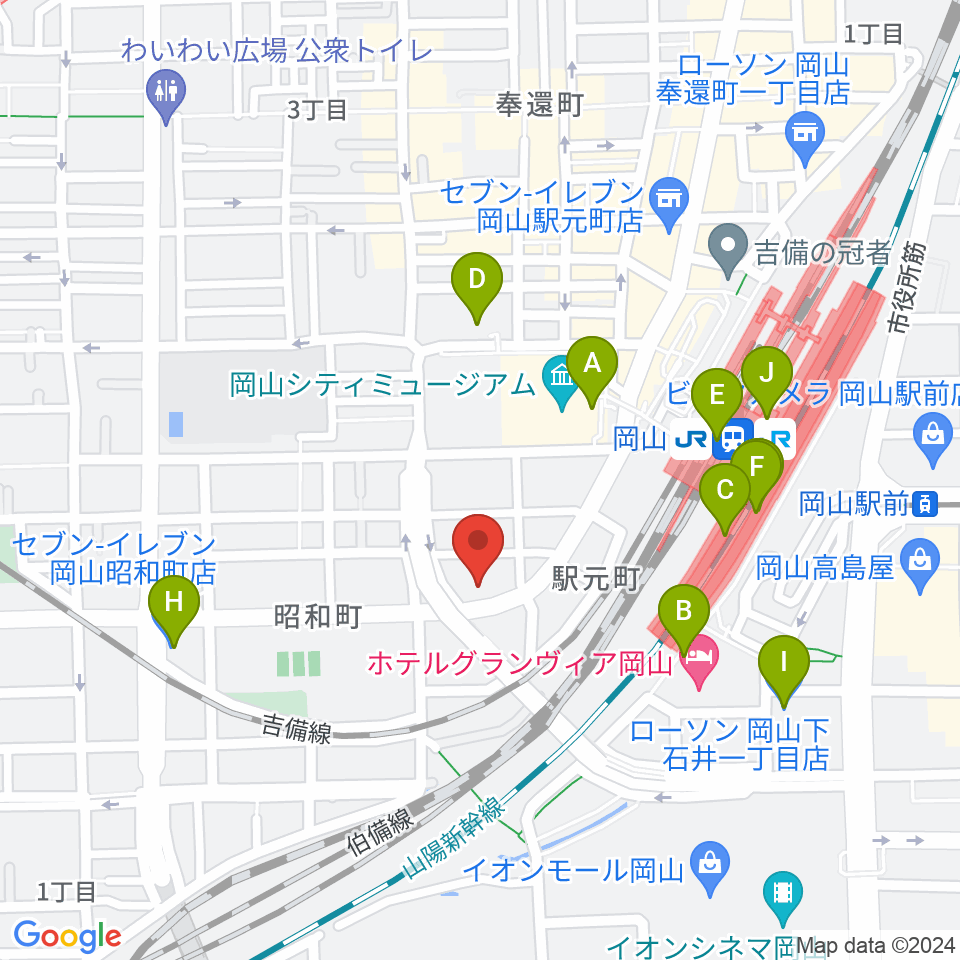 山陽こだま楽器 岡山西口店周辺のコンビニエンスストア一覧地図