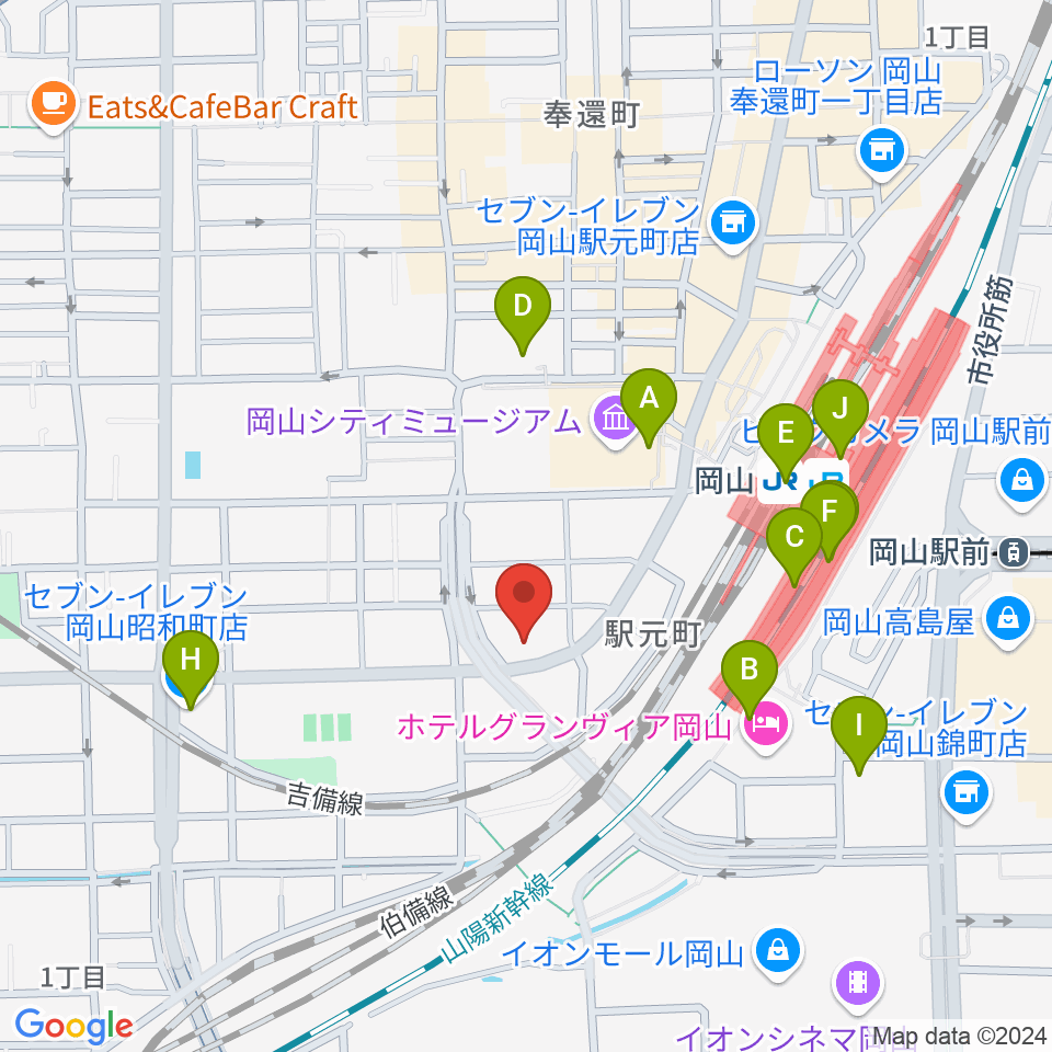 山陽こだま楽器 岡山西口店周辺のコンビニエンスストア一覧地図