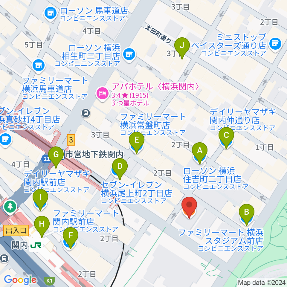 関内BarBarBar周辺のコンビニエンスストア一覧地図