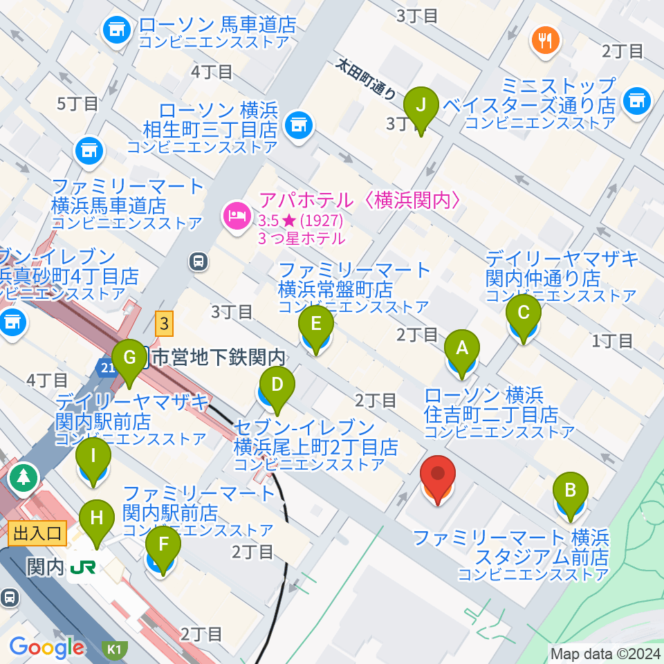 関内BarBarBar周辺のコンビニエンスストア一覧地図