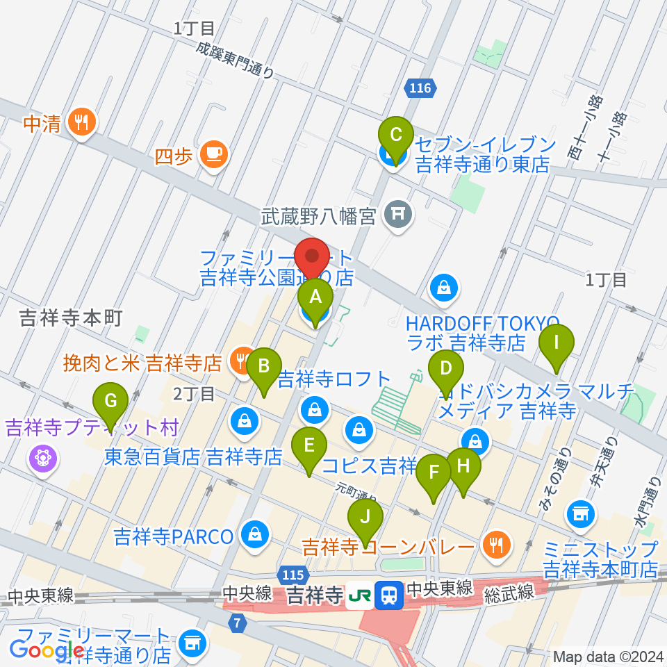 ピアノスタジオノア 吉祥寺店周辺のコンビニエンスストア一覧地図