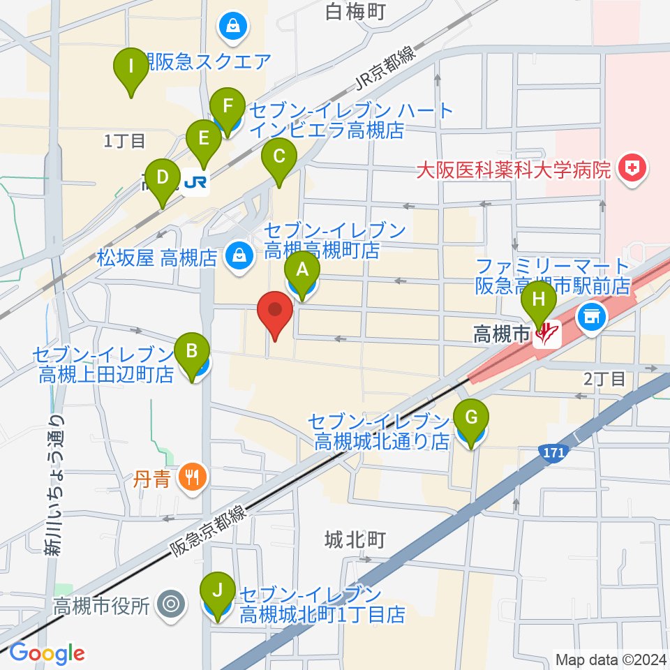 JEUGIA 高槻店周辺のコンビニエンスストア一覧地図