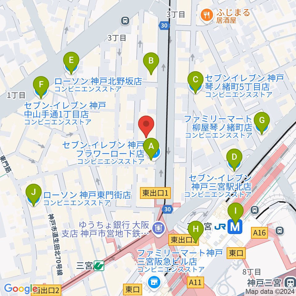 ヤマハミュージック 神戸店周辺のコンビニエンスストア一覧地図