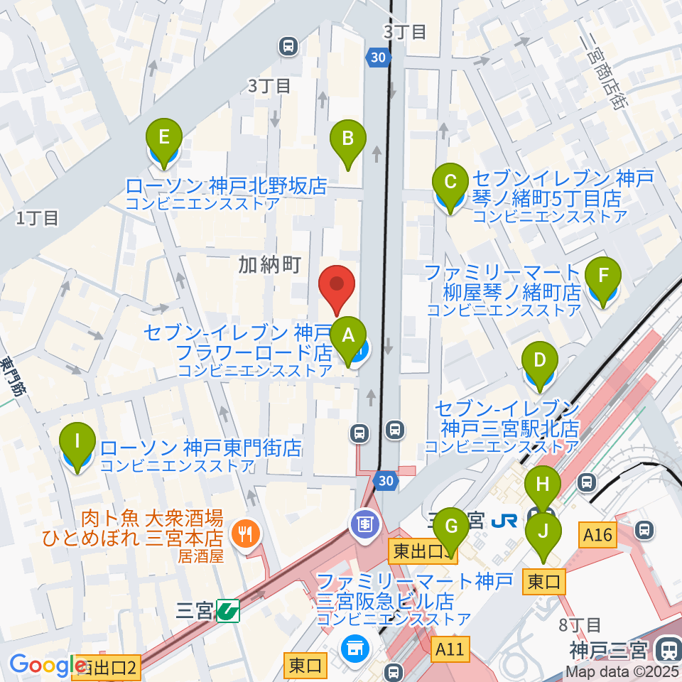 ヤマハミュージック 神戸店周辺のコンビニエンスストア一覧地図