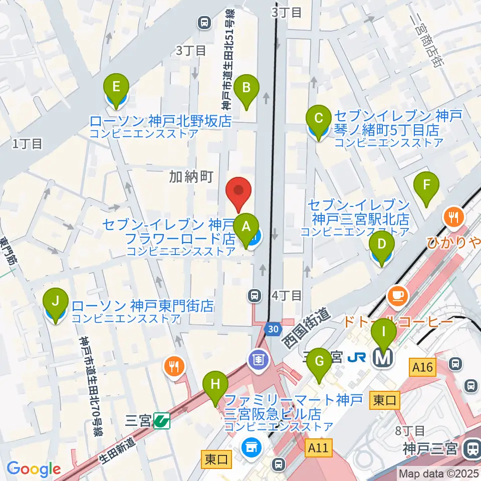 ヤマハミュージック 神戸店周辺のコンビニエンスストア一覧地図
