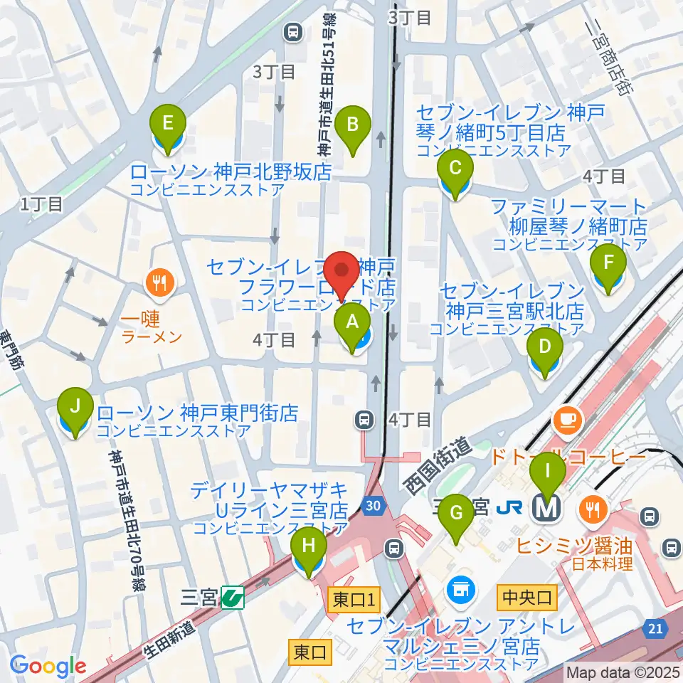 ヤマハミュージック 神戸店周辺のコンビニエンスストア一覧地図
