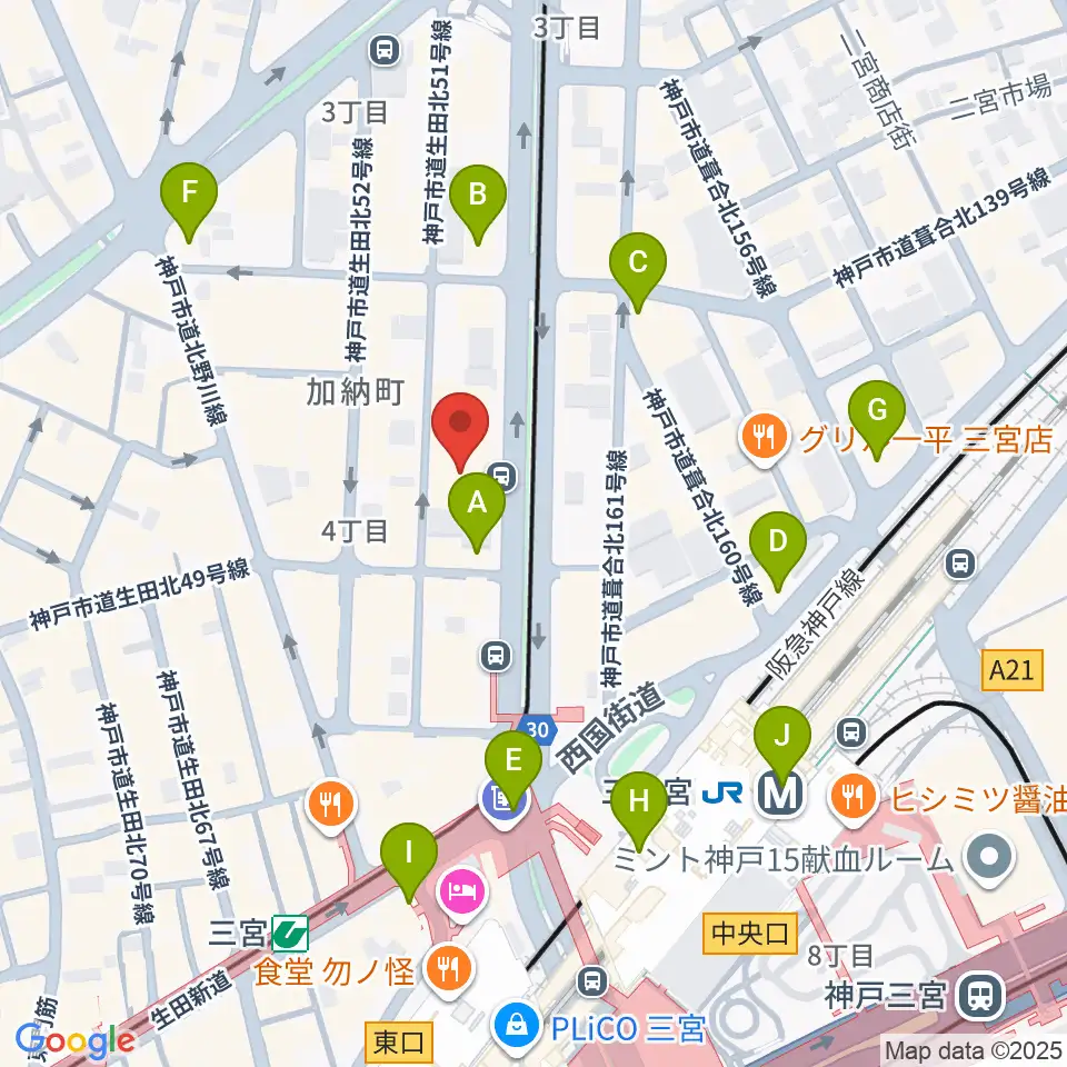 ヤマハミュージック 神戸店周辺のコンビニエンスストア一覧地図