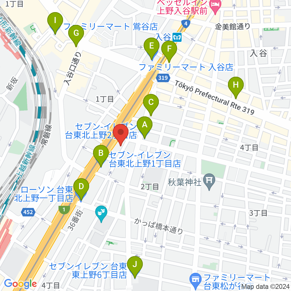 ホムラサウンド上野スタジオ周辺のコンビニエンスストア一覧地図