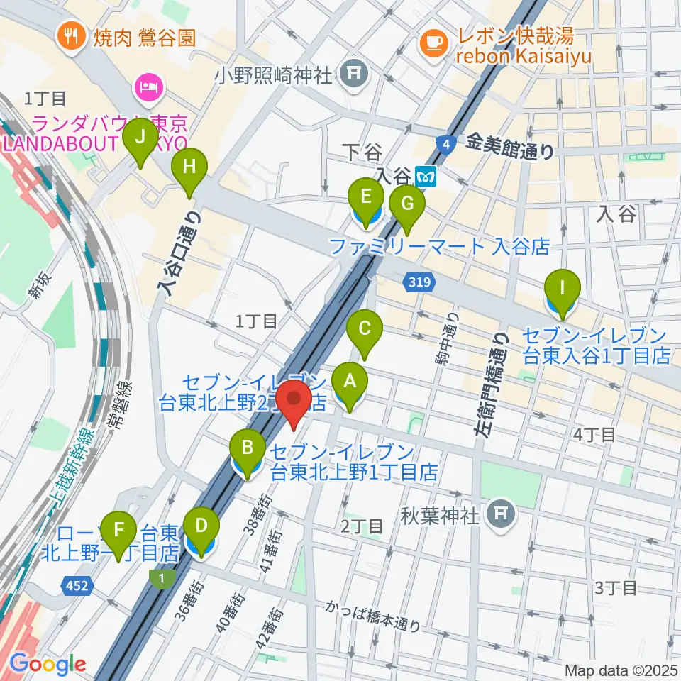 ホムラサウンド上野スタジオ周辺のコンビニエンスストア一覧地図