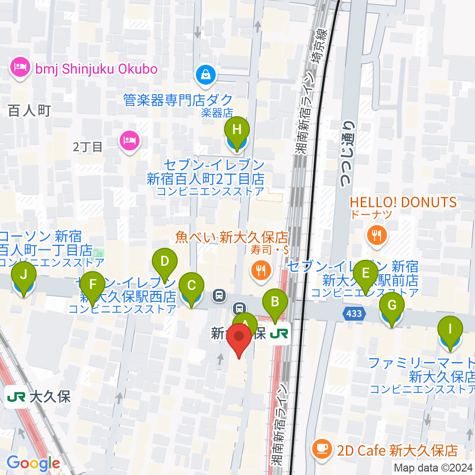 大久保管楽器店周辺のコンビニエンスストア一覧地図