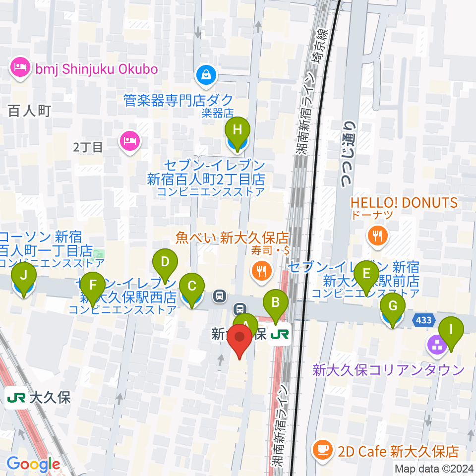 大久保管楽器店周辺のコンビニエンスストア一覧地図