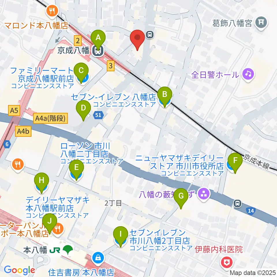 本八幡ルート14周辺のコンビニエンスストア一覧地図