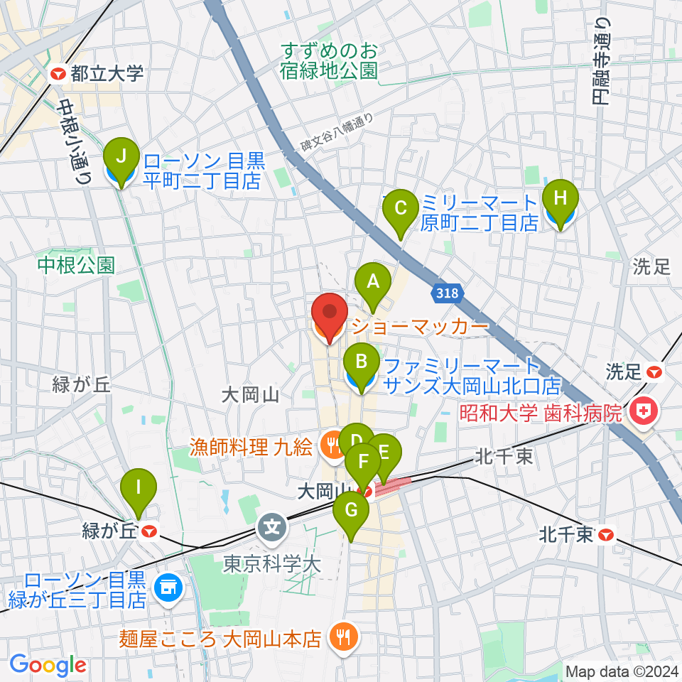 スクランブルスタジオ大岡山周辺のコンビニエンスストア一覧地図