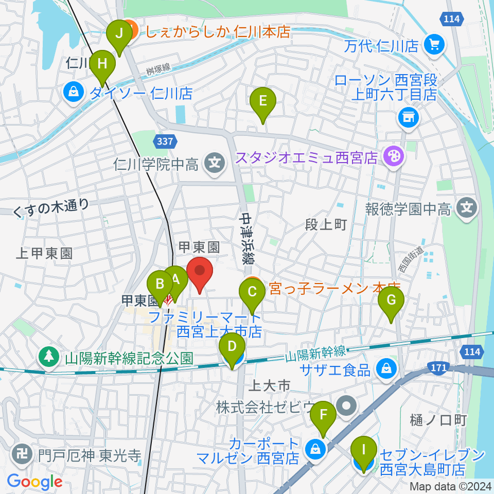 アールエイチワイ甲東園 貸し音楽練習室周辺のコンビニエンスストア一覧地図