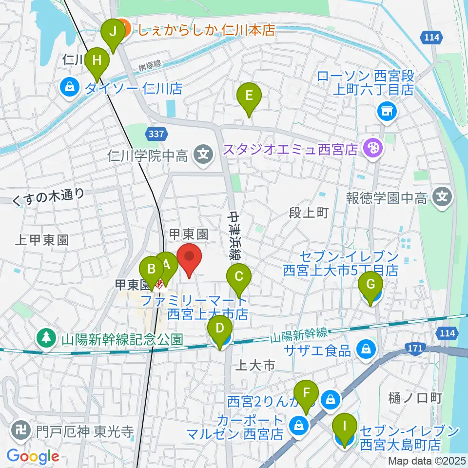 アールエイチワイ甲東園 貸し音楽練習室周辺のコンビニエンスストア一覧地図
