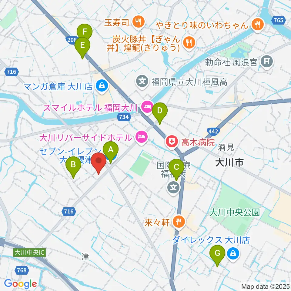 大川ヴィラ・ベルディホール周辺のコンビニエンスストア一覧地図