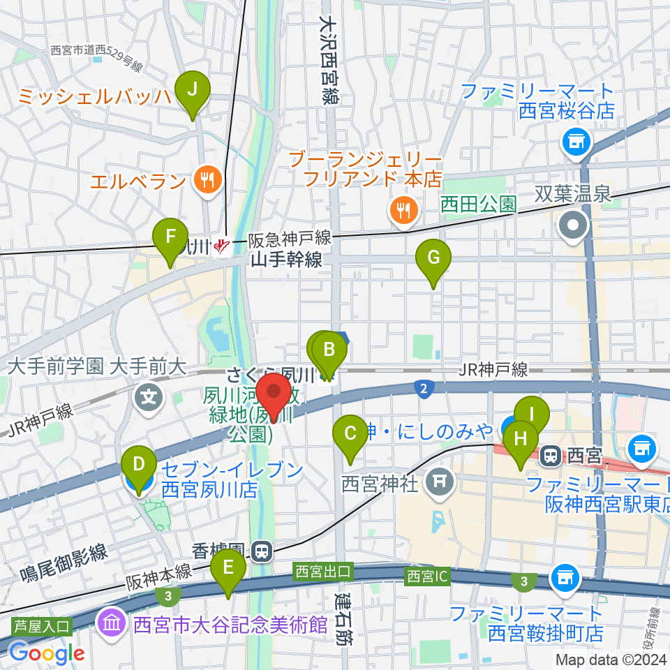 西宮夙川ピアノクラブ周辺のコンビニエンスストア一覧地図