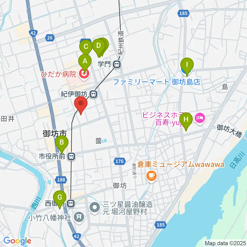 御坊市民文化会館周辺のコンビニエンスストア一覧地図