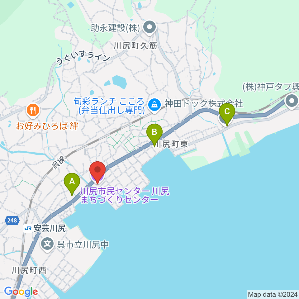 川尻まちづくりセンター ベイノロホール周辺のコンビニエンスストア一覧地図