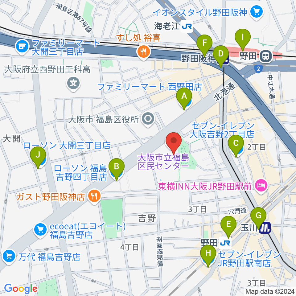 福島区民センター ホール周辺のコンビニエンスストア一覧地図