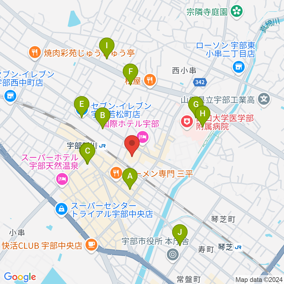 宇部市渡辺翁記念会館周辺のコンビニエンスストア一覧地図