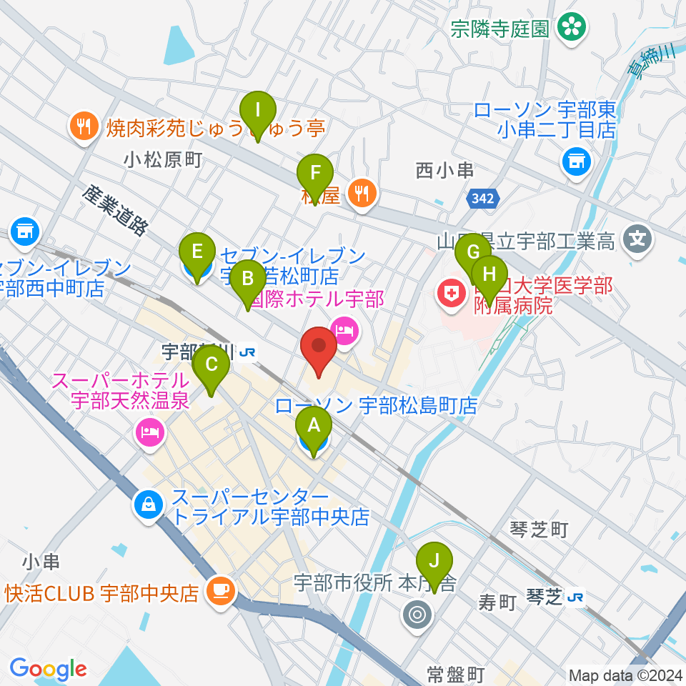 宇部市渡辺翁記念会館周辺のコンビニエンスストア一覧地図