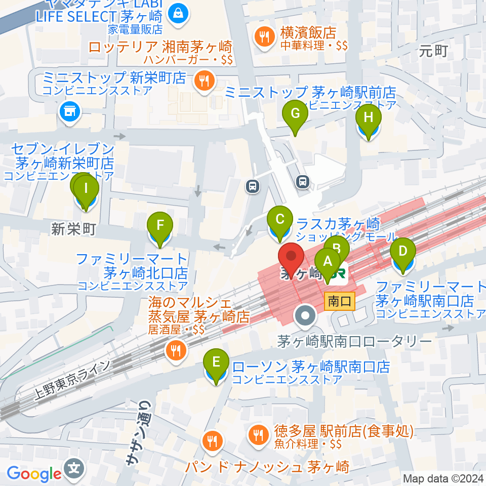 ラスカ茅ヶ崎ホール周辺のコンビニエンスストア一覧地図