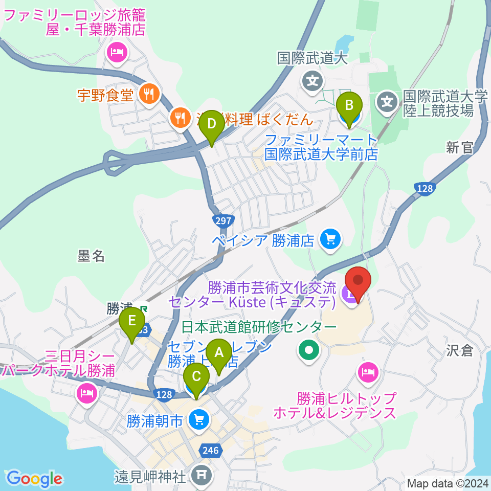 勝浦市芸術文化交流センター キュステ周辺のコンビニエンスストア一覧地図