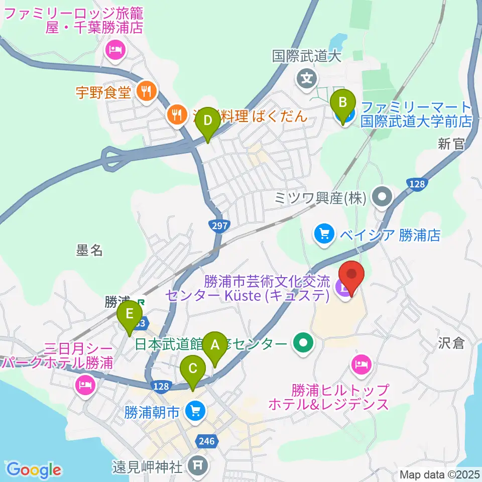 勝浦市芸術文化交流センター キュステ周辺のコンビニエンスストア一覧地図