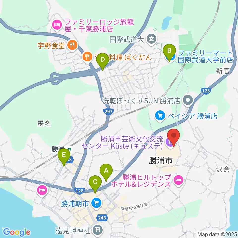 勝浦市芸術文化交流センター キュステ周辺のコンビニエンスストア一覧地図
