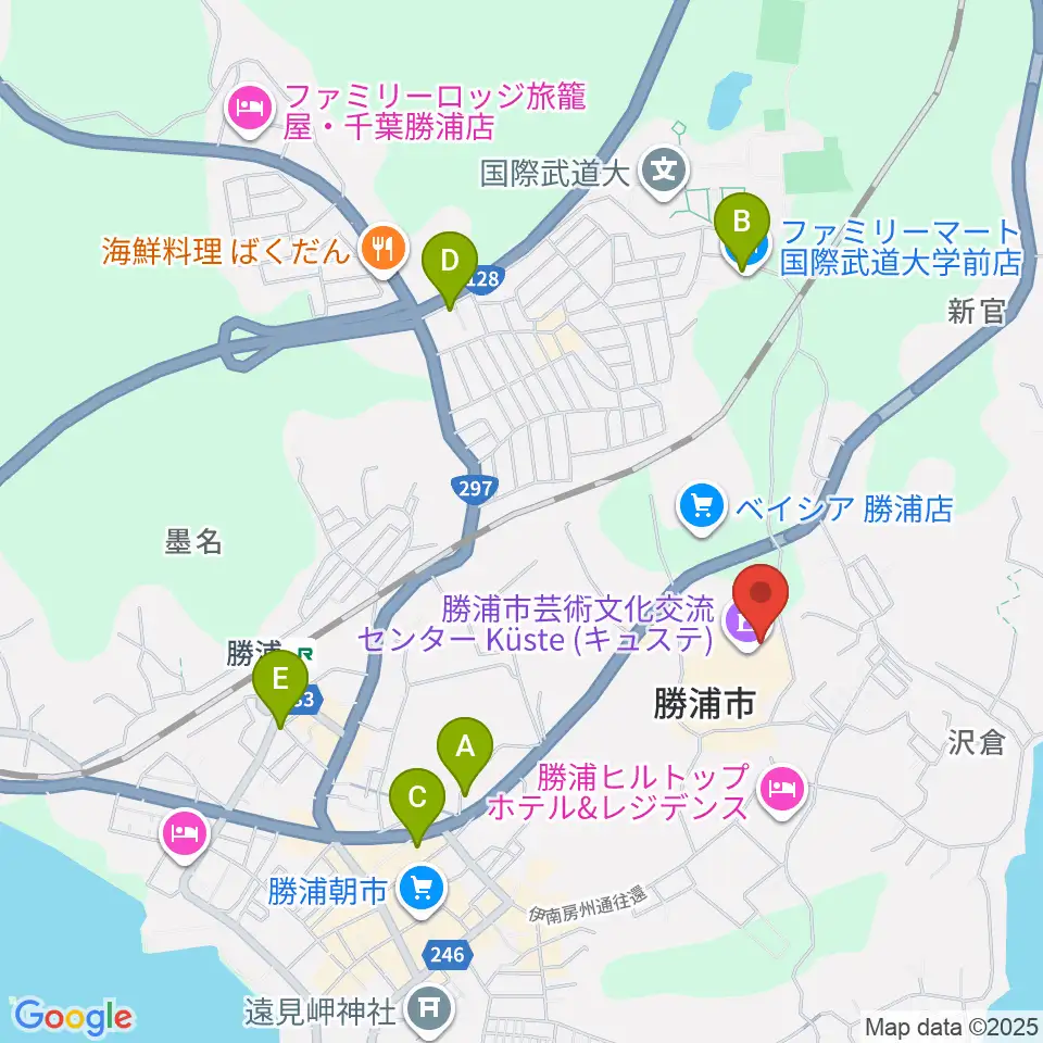 勝浦市芸術文化交流センター キュステ周辺のコンビニエンスストア一覧地図