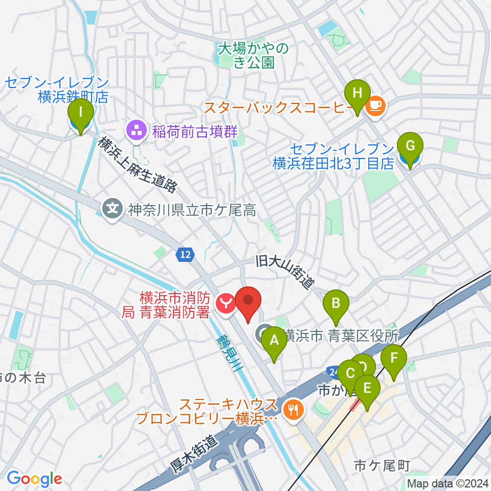 横浜市青葉公会堂周辺のコンビニエンスストア一覧地図