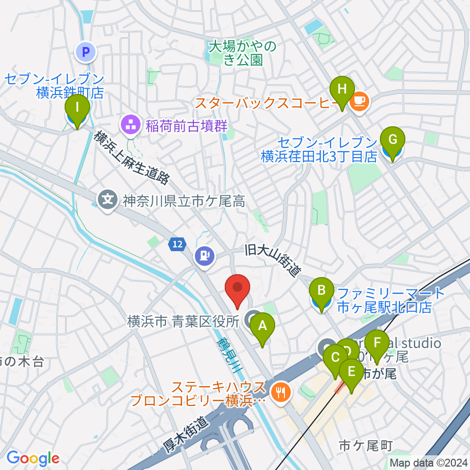 横浜市青葉公会堂周辺のコンビニエンスストア一覧地図