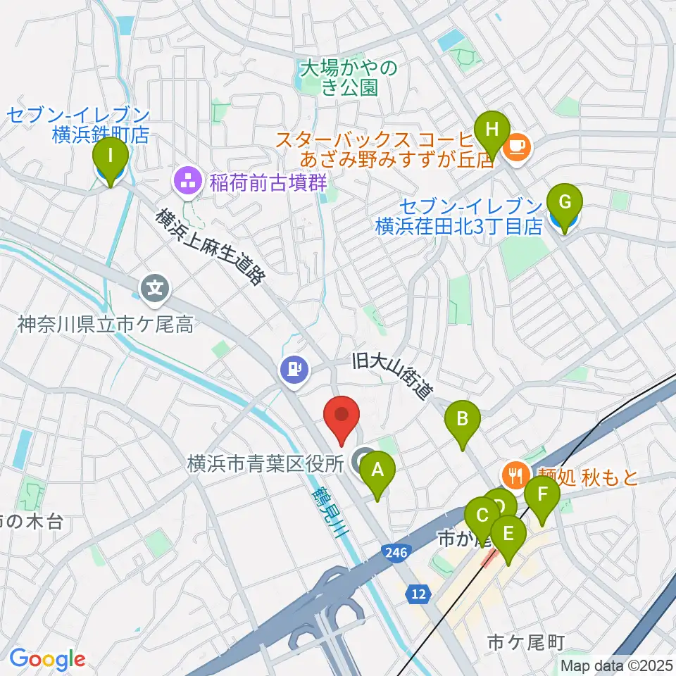 横浜市青葉公会堂周辺のコンビニエンスストア一覧地図