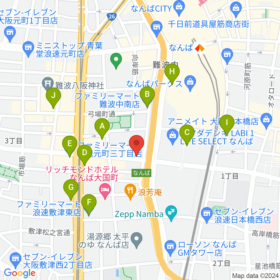 難波ベアーズ周辺のコンビニエンスストア一覧地図