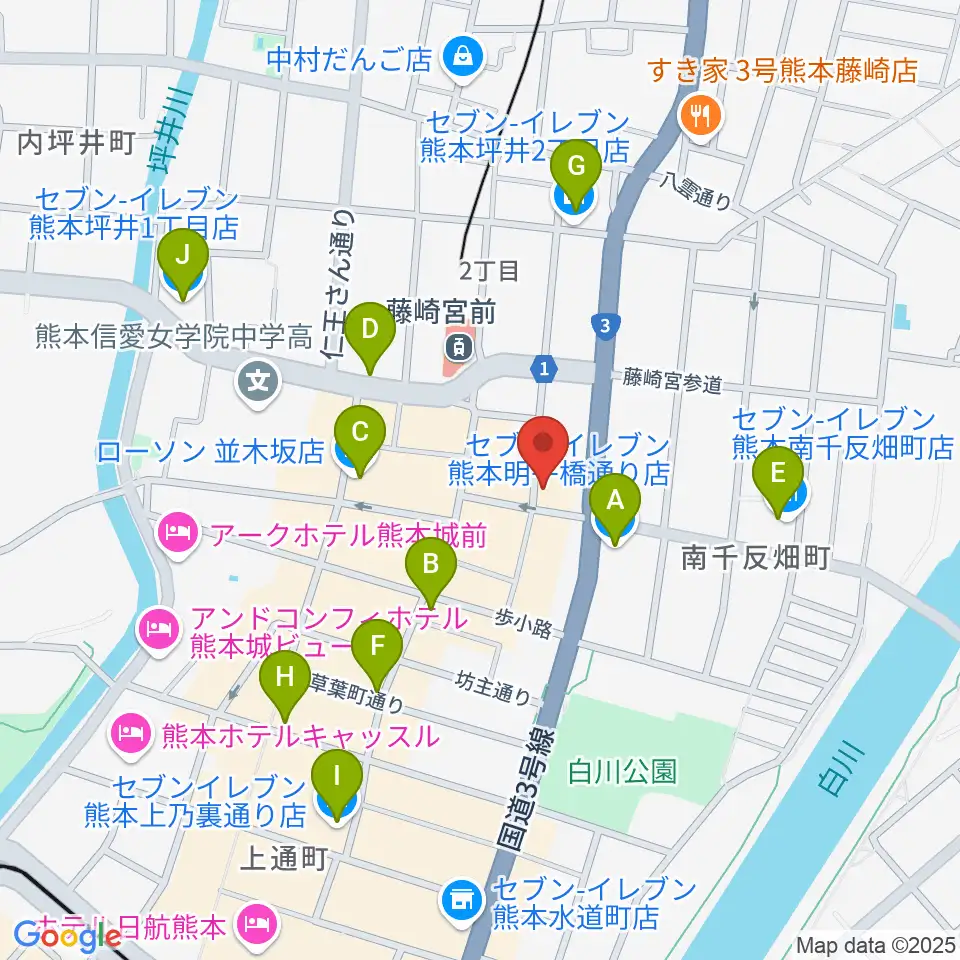 熊本NAVARO周辺のコンビニエンスストア一覧地図