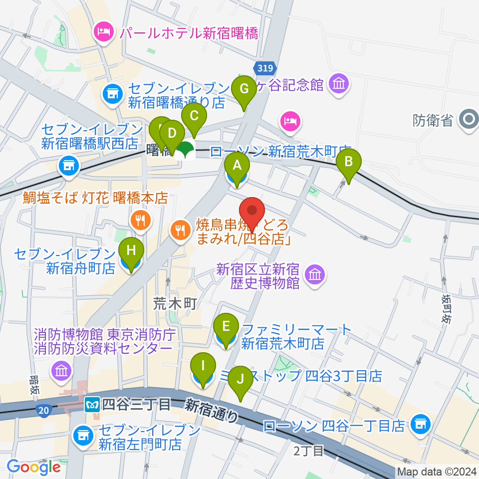 四谷ボビーズ周辺のコンビニエンスストア一覧地図