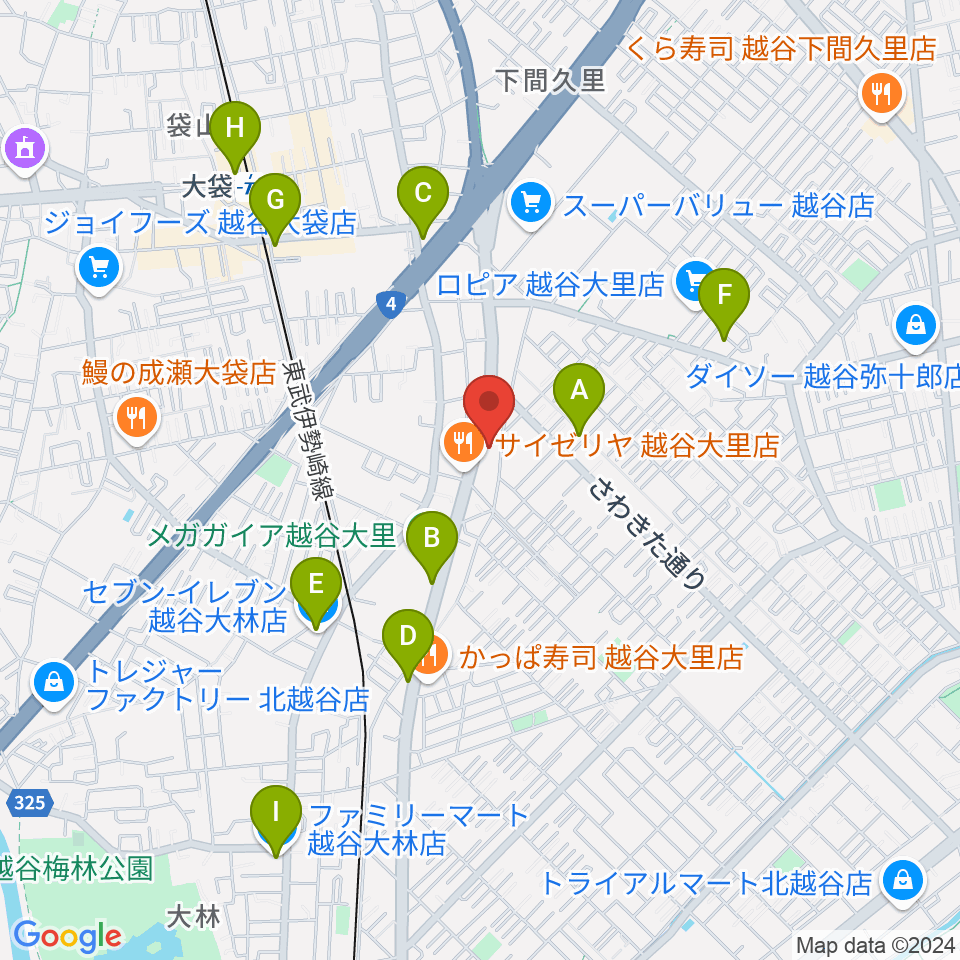 ハイヴ越谷ピアノ教室周辺のコンビニエンスストア一覧地図