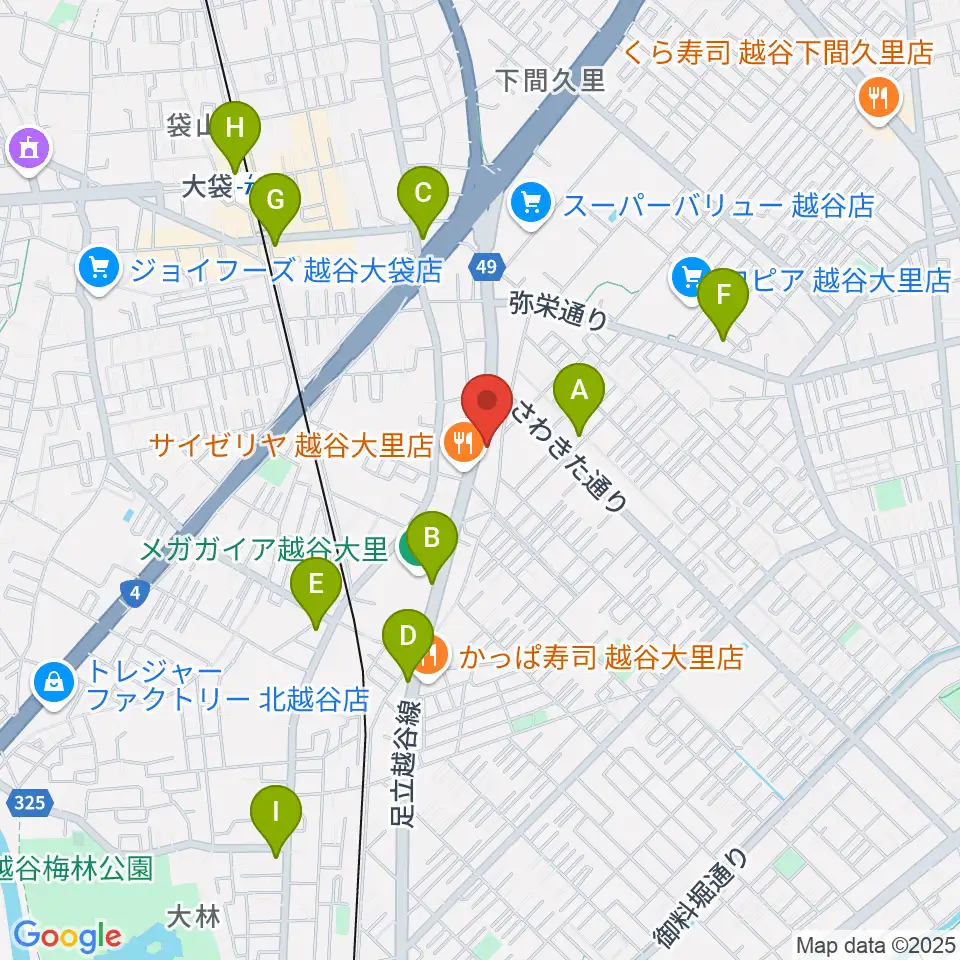 ハイヴ越谷ピアノ教室周辺のコンビニエンスストア一覧地図