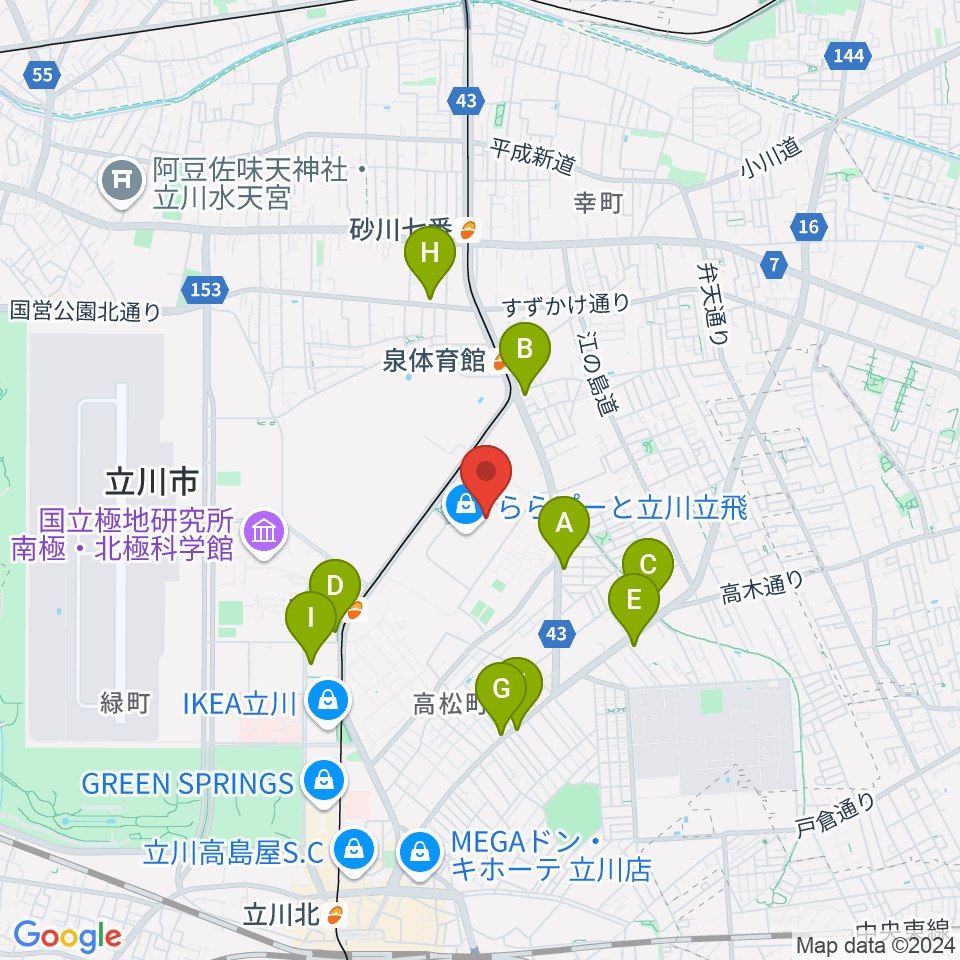 宮地楽器ららぽーと立川立飛店周辺のコンビニエンスストア一覧地図