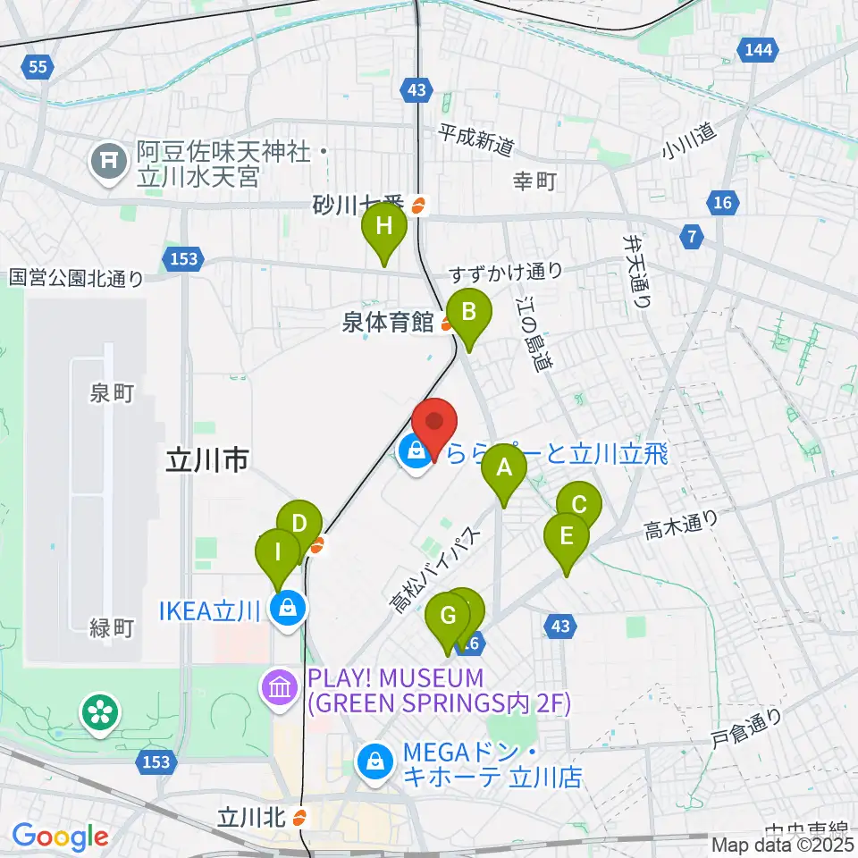 宮地楽器ららぽーと立川立飛店周辺のコンビニエンスストア一覧地図