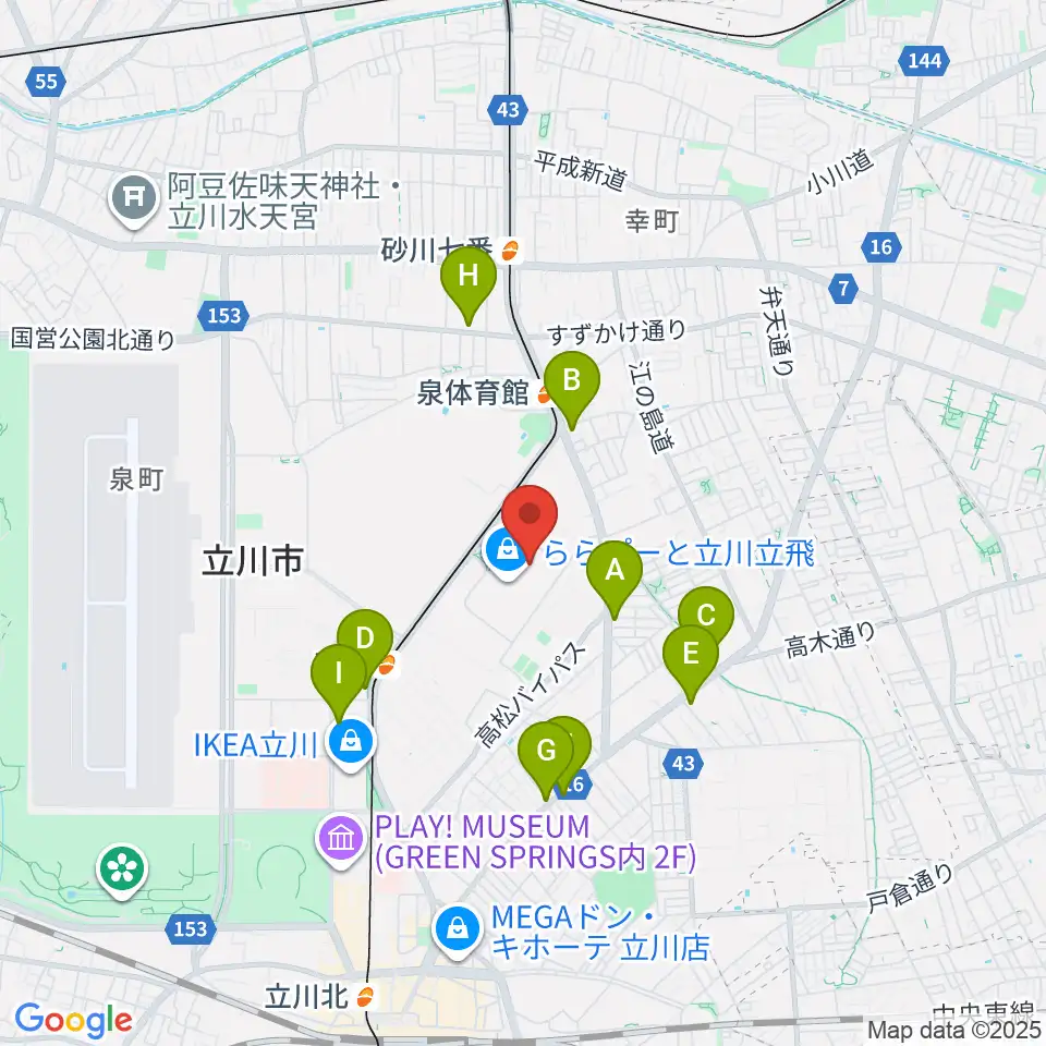 宮地楽器ららぽーと立川立飛店周辺のコンビニエンスストア一覧地図