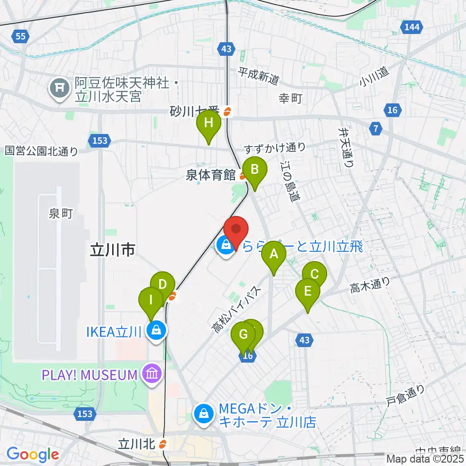 宮地楽器ららぽーと立川立飛店周辺のコンビニエンスストア一覧地図