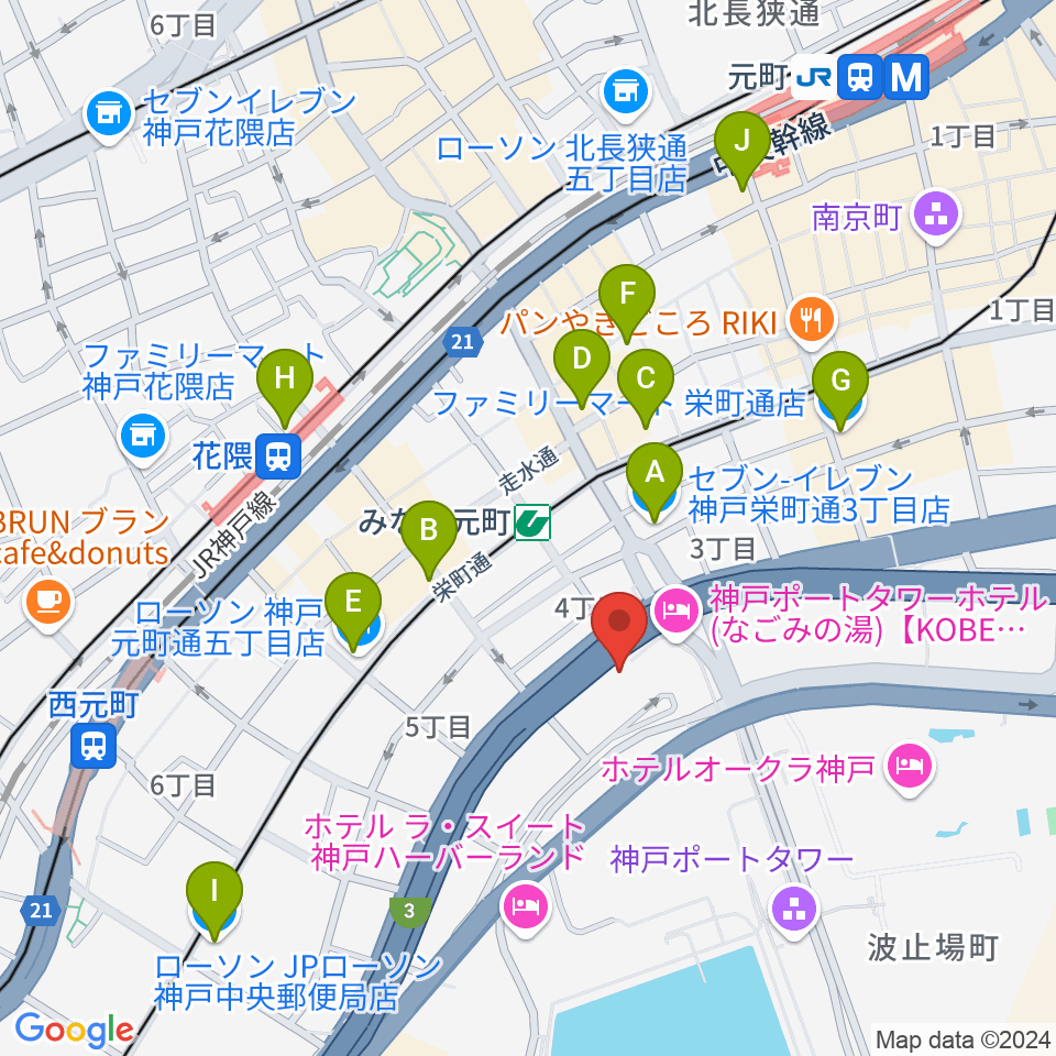 神戸ハーバースタジオ周辺のコンビニエンスストア一覧地図